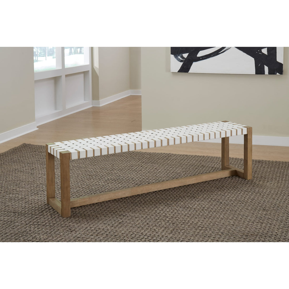 One Woven Leather and Solid Wood Dining Bench in White and Bisque