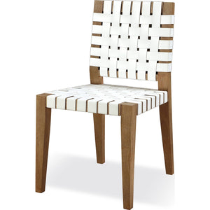 One Woven Leather and Solid Wood Dining Side Chair in White and Bisque