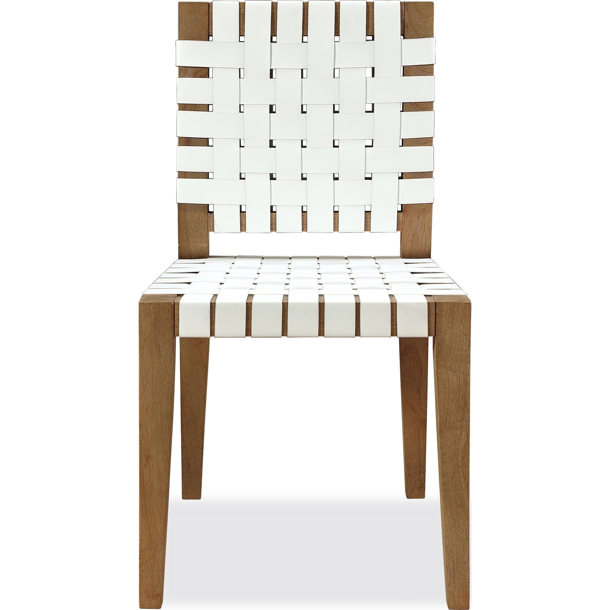 One Woven Leather and Solid Wood Dining Side Chair in White and Bisque