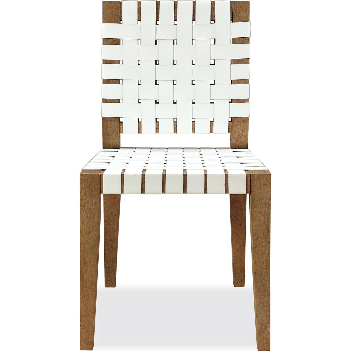 One Woven Leather and Solid Wood Dining Side Chair in White and Bisque