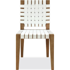 One Woven Leather and Solid Wood Dining Side Chair in White and Bisque