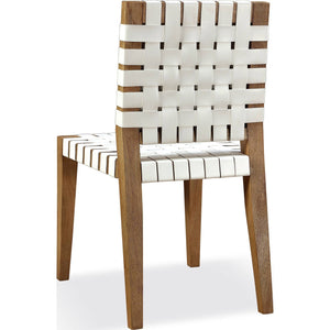 One Woven Leather and Solid Wood Dining Side Chair in White and Bisque