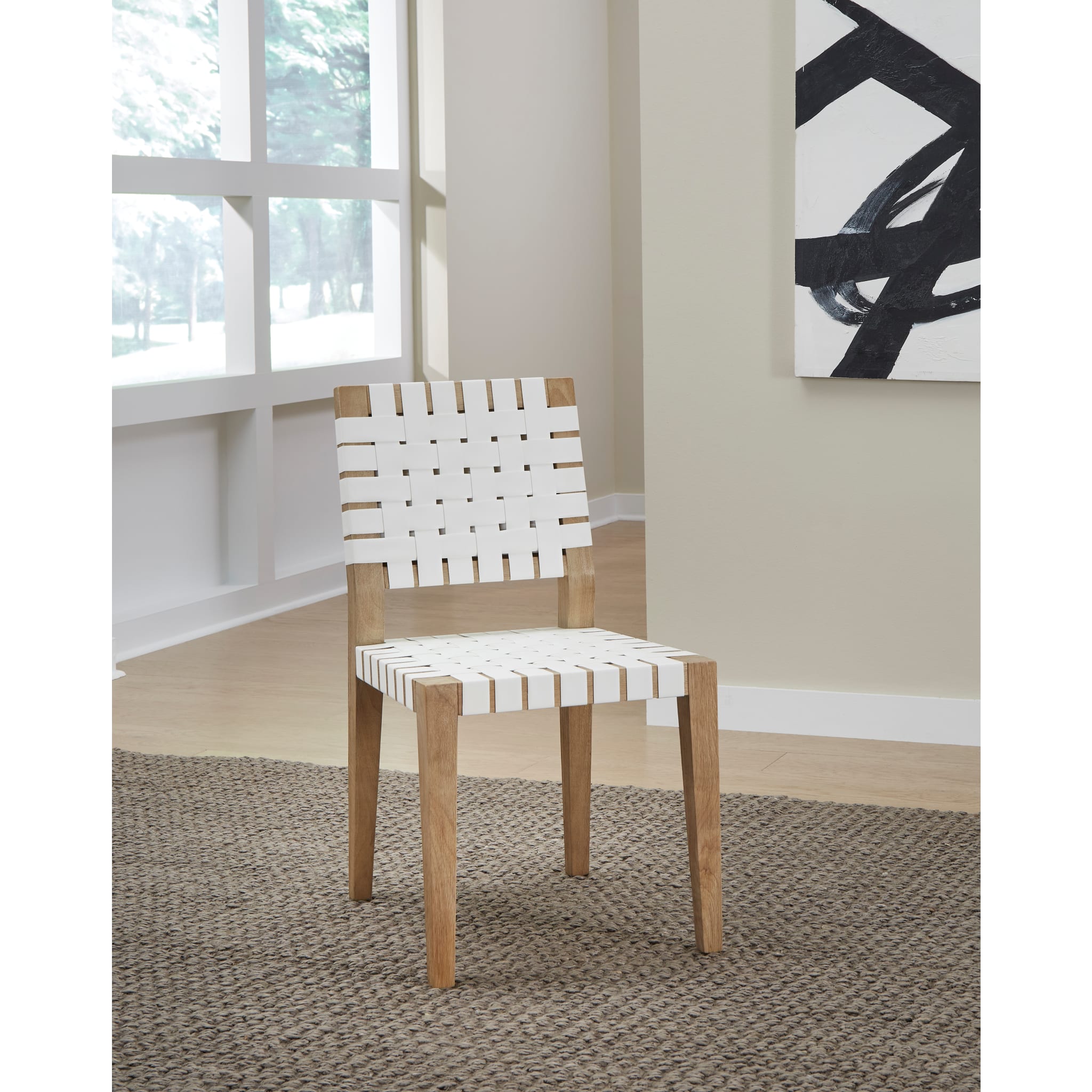 One Woven Leather and Solid Wood Dining Side Chair in White and Bisque