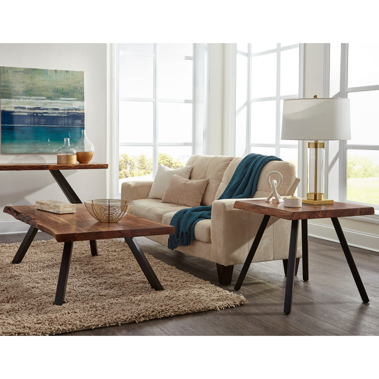 Reese Live Edge Solid Wood Metal Leg Coffee Table in Natural Acacia