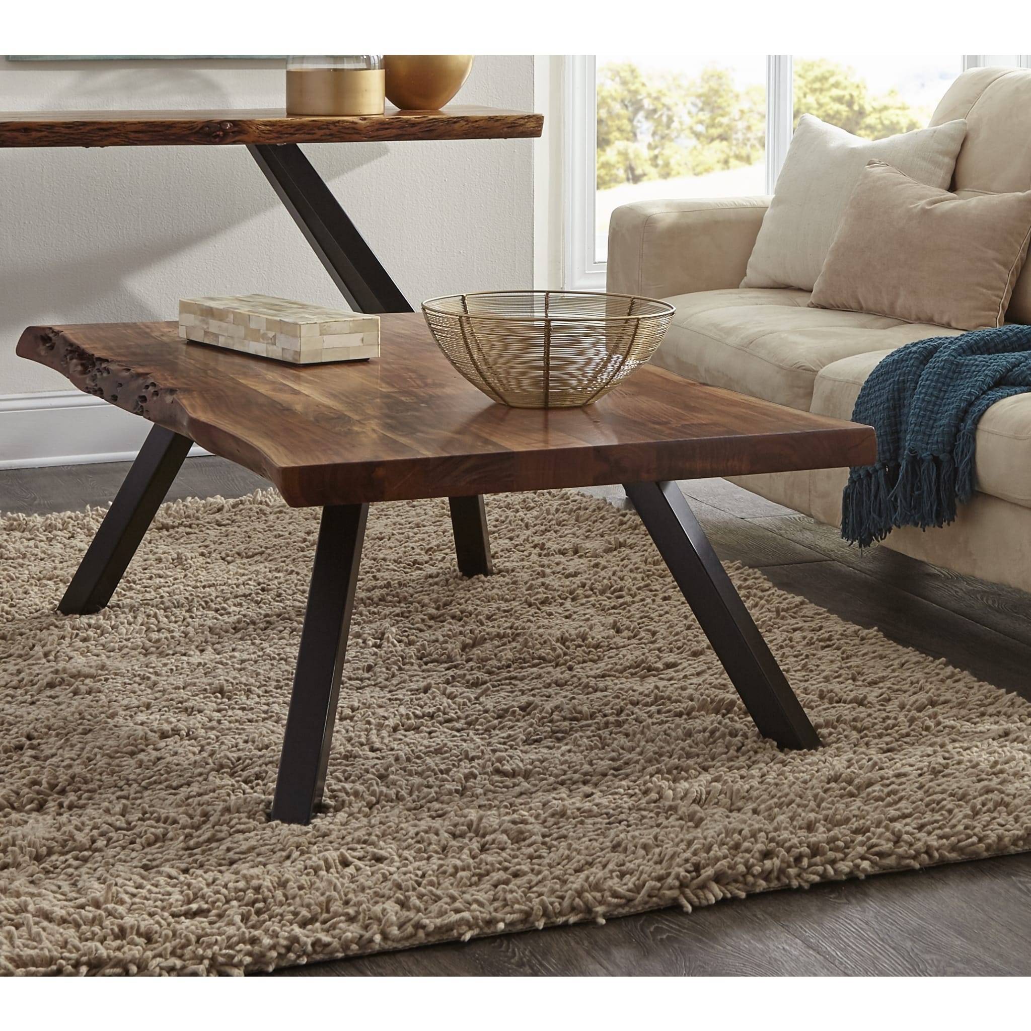 Reese Live Edge Solid Wood Metal Leg Coffee Table in Natural Acacia
