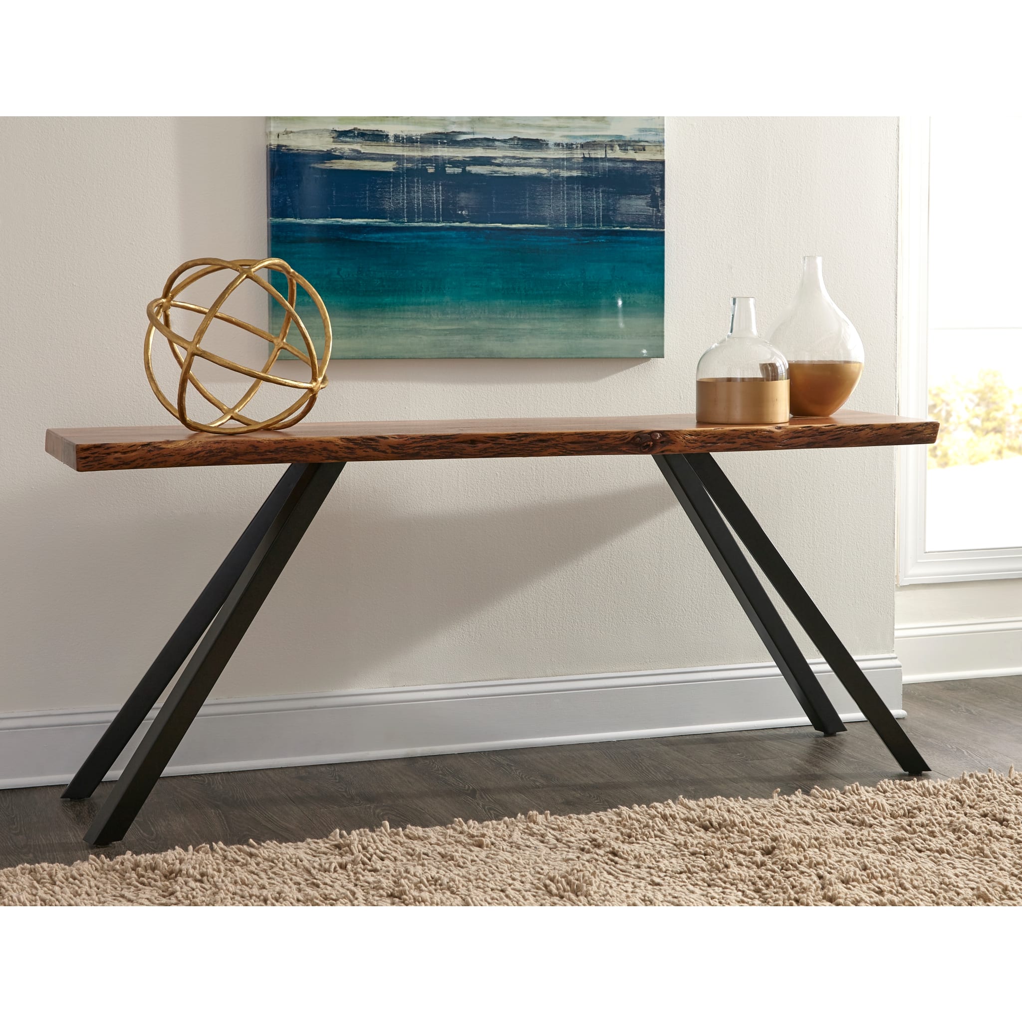 Reese Live Edge Solid Wood Metal Leg Console Table in Natural Acacia