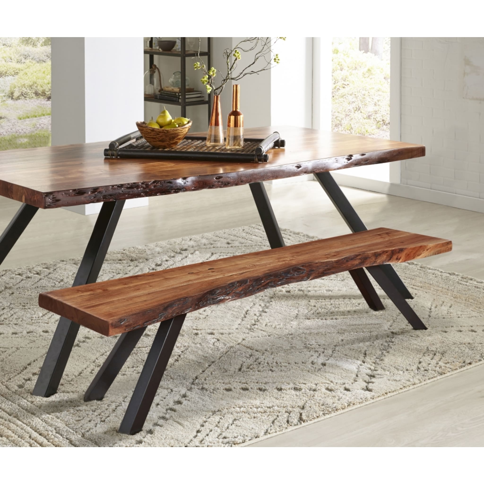 Reese Live Edge Solid Wood Metal Leg Dining Bench in Natural Acacia