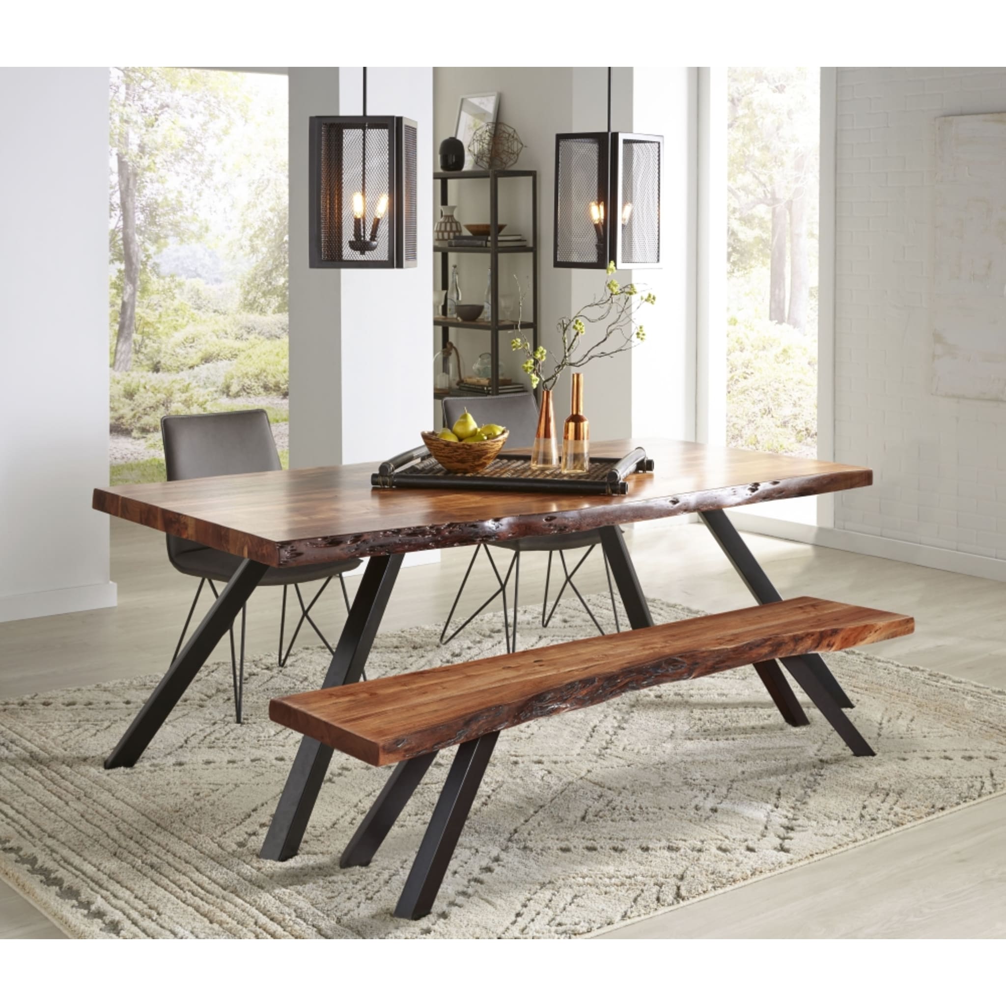 Reese Live Edge Solid Wood Metal Leg Dining Bench in Natural Acacia