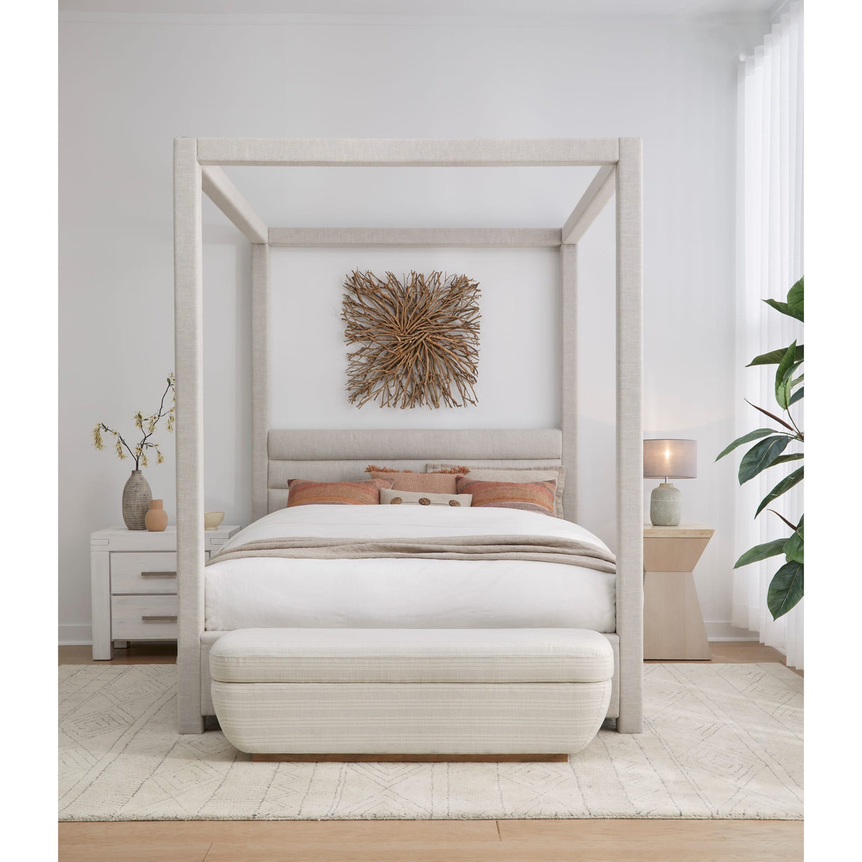 Rockford Upholstered Canopy Bed in Turtle Dove Linen