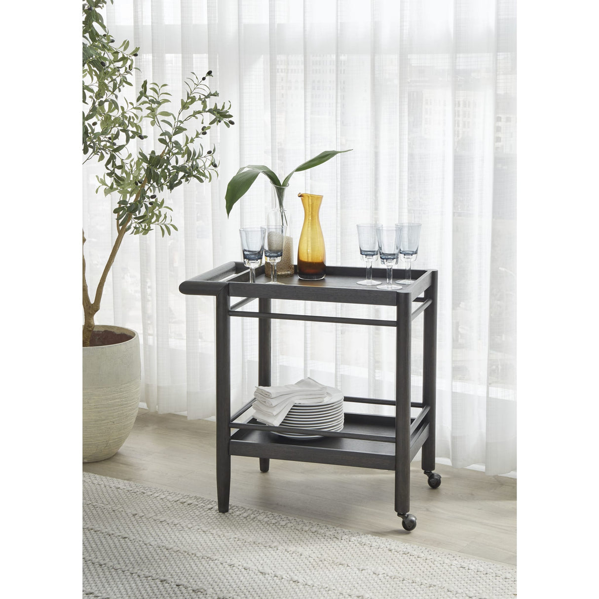 Rockport Two Shelf Rolling Bar Cart in Yin