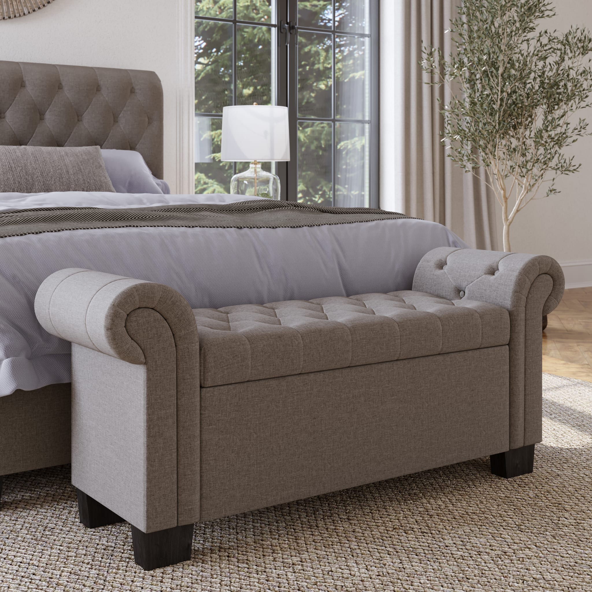 Royal Rolled Arm Storage Bench in Dolphin Linen