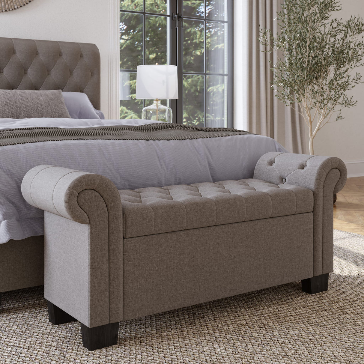 Royal Rolled Arm Storage Bench in Dolphin Linen