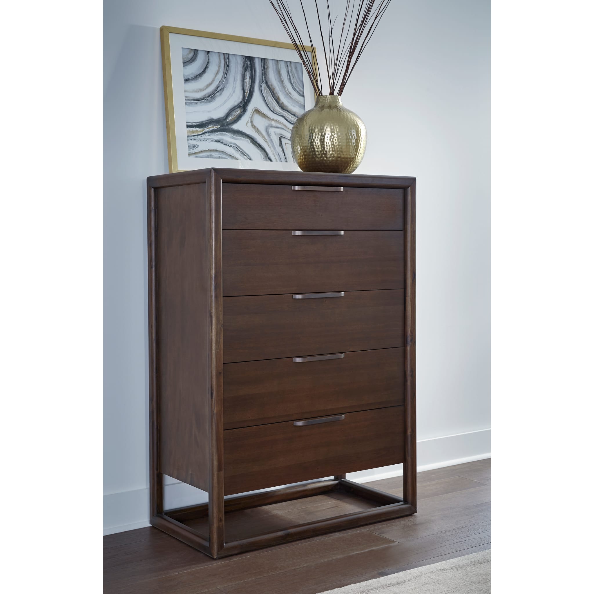 Sol Five Drawer Acacia Wood Chest in Brown Spice