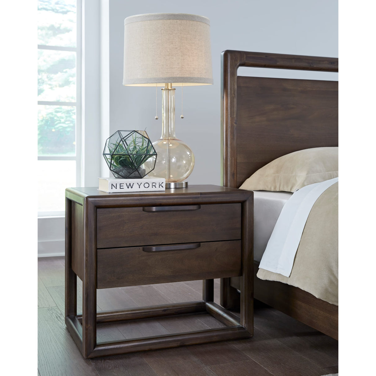 Sol Two Drawer USB-Charging Nightstand in Brown Spice