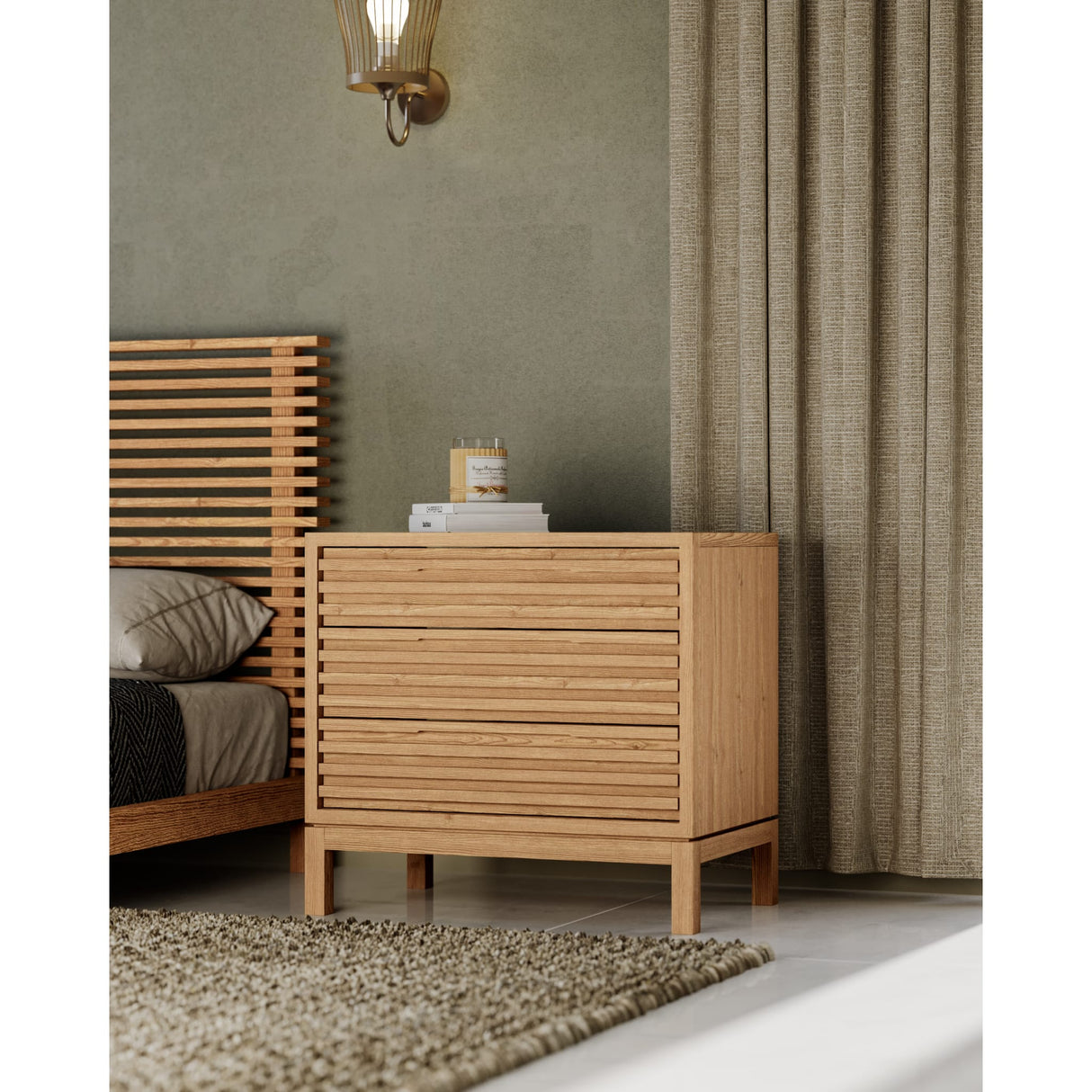 Tanner Three Drawer Ash Wood Nightstand in Flaxen