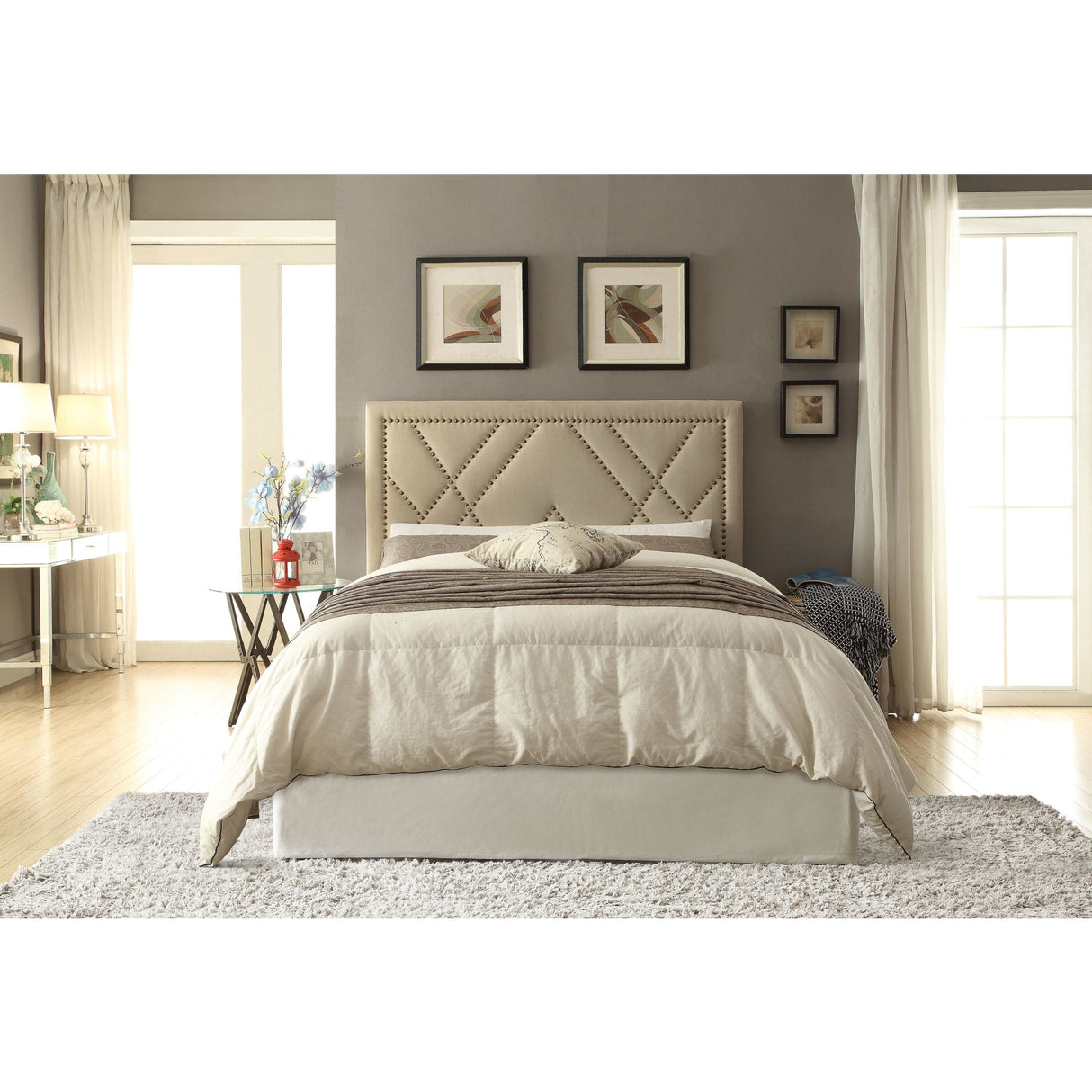 Vienne Nailhead Patterned Upholstered Headboard in Powder