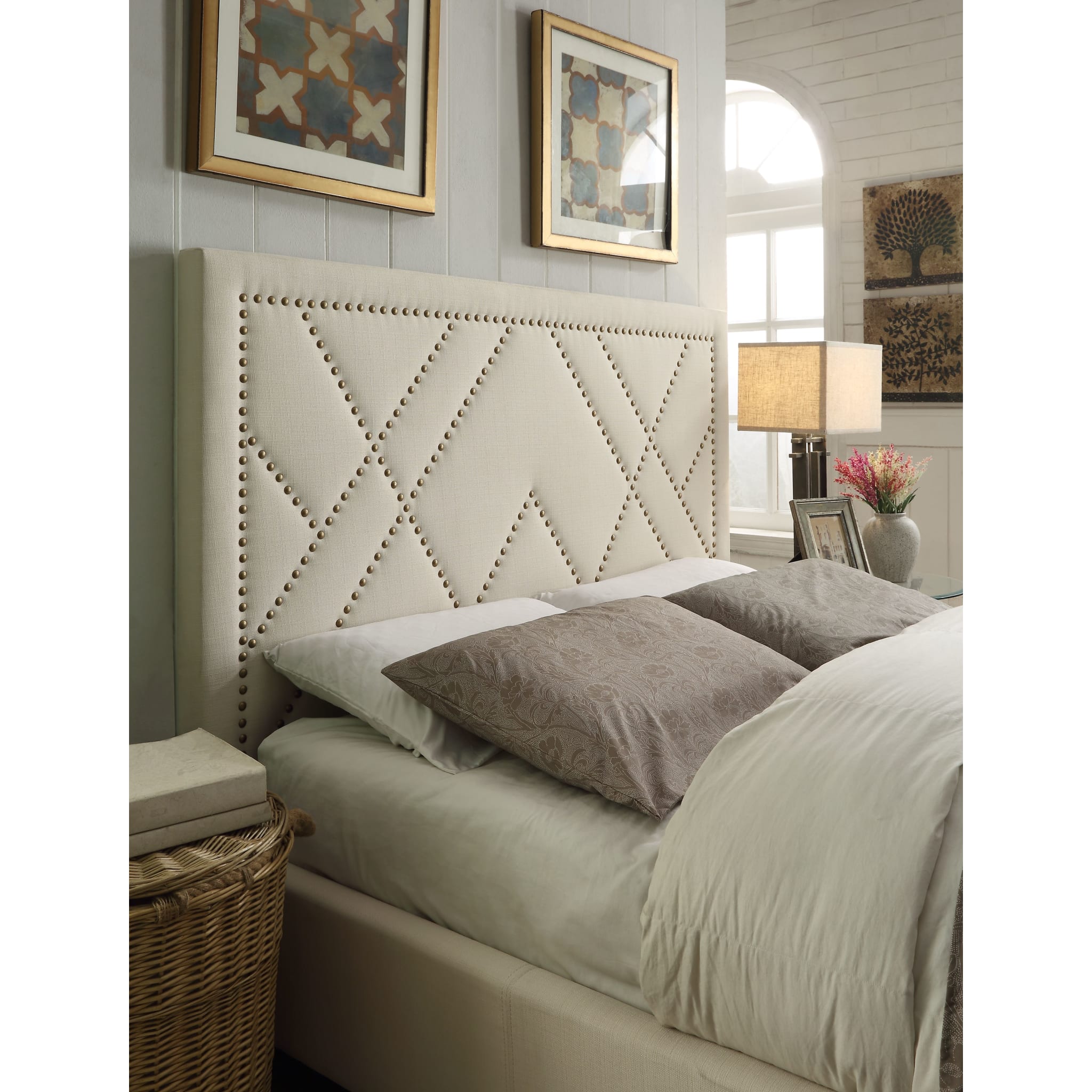 Vienne Nailhead Patterned Upholstered Headboard in Powder