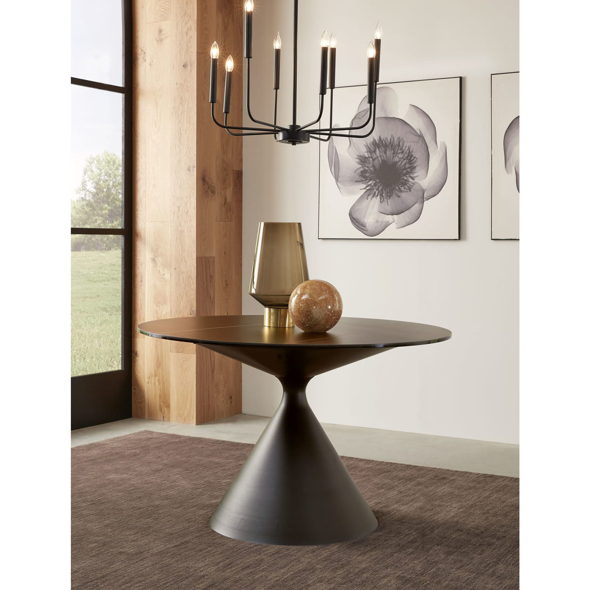 Winston Stone Top Metal Base Round Dining Table in Black