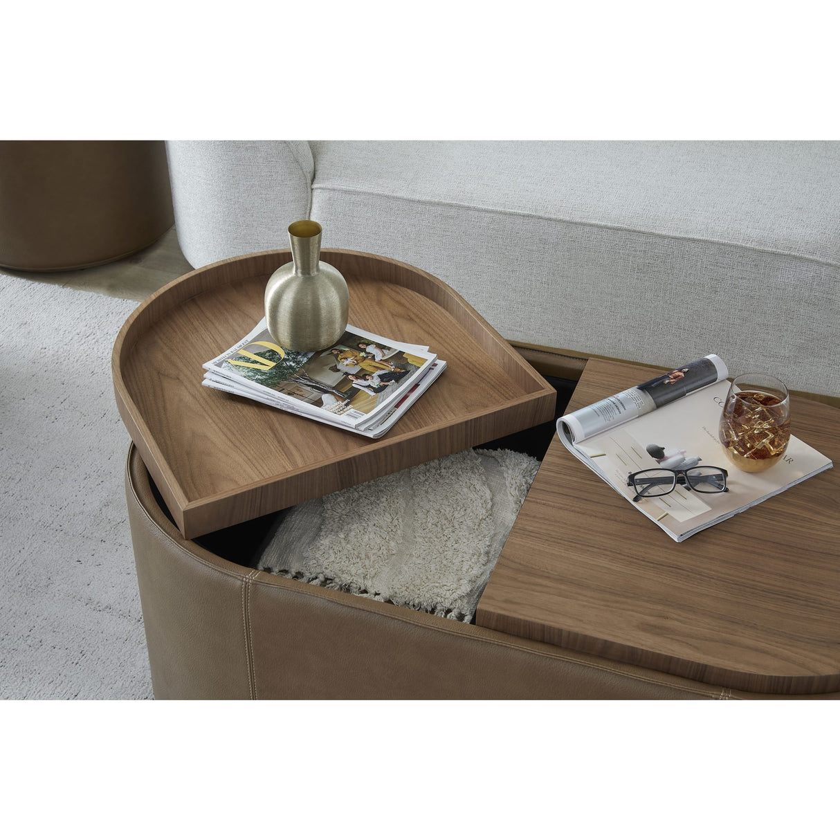 Yeal Leather Upholstered Storage Coffee Table with Wooden Tray Top and Casters