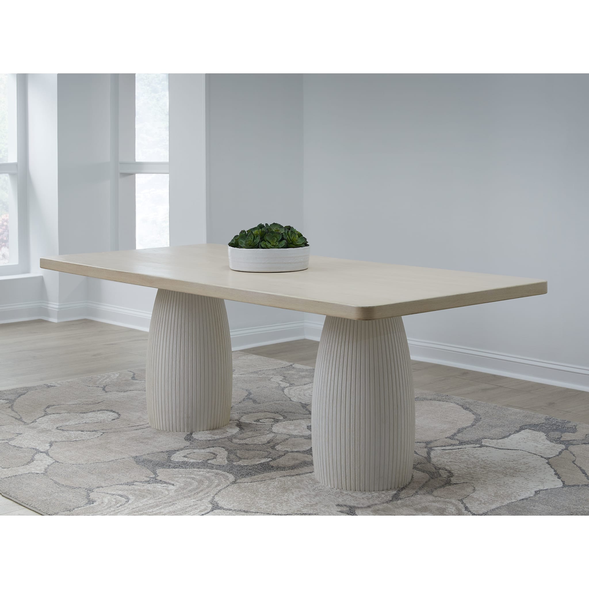 Zinnia Plaster Base Wood Top Dining Table in White Sand and Ivory