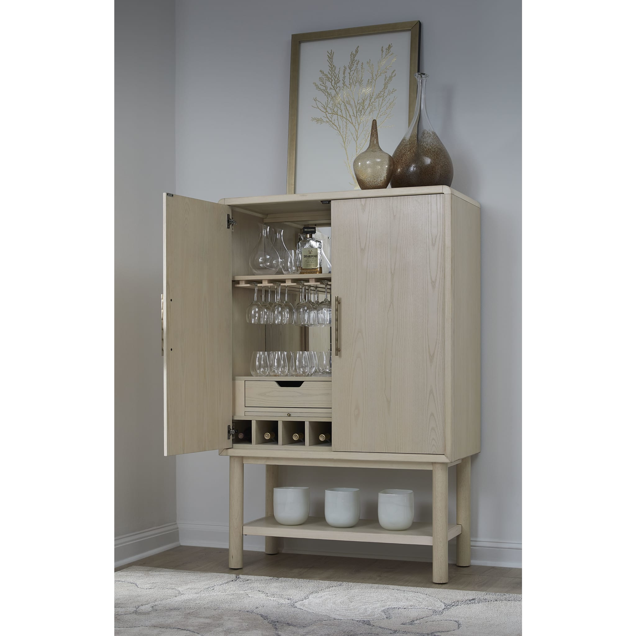 Zinnia Two Door Ash Wood Bar Cabinet in White Sand