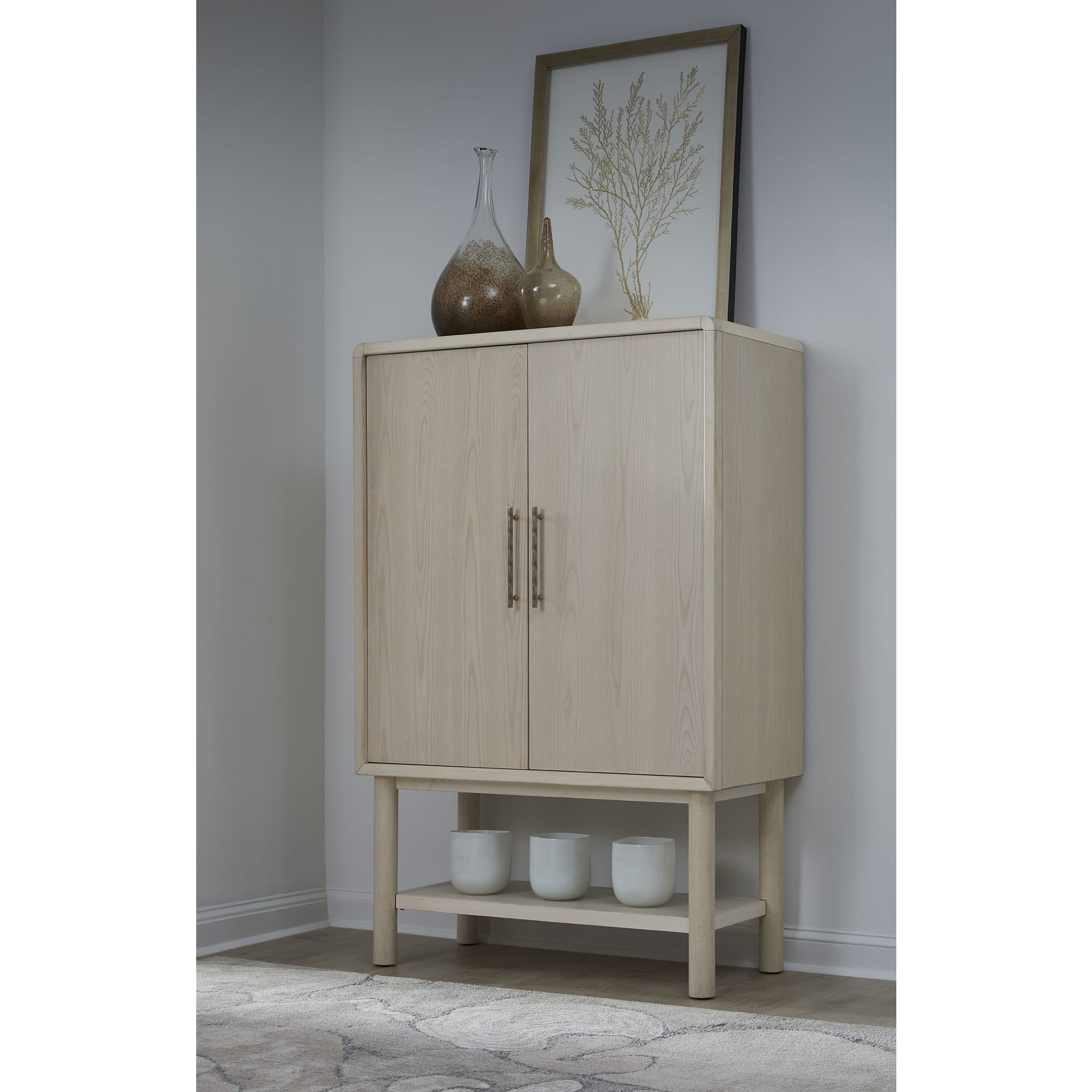 Zinnia Two Door Ash Wood Bar Cabinet in White Sand