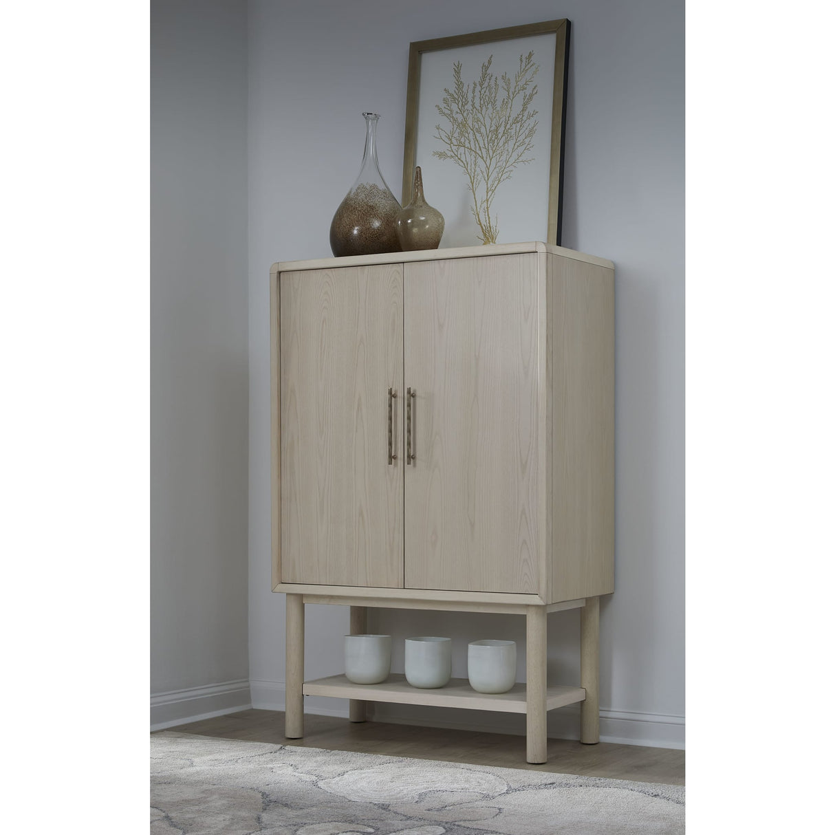 Zinnia Two Door Ash Wood Bar Cabinet in White Sand