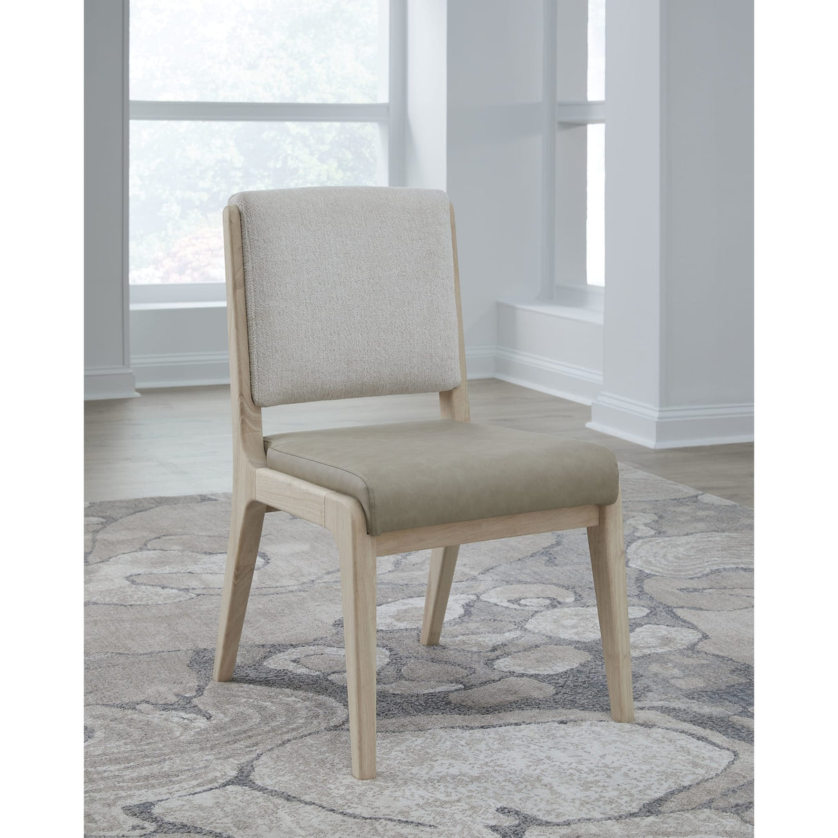 Zinnia Upholstered Dining Chair in White Sand, Buttermilk Leather and Dune Chenille