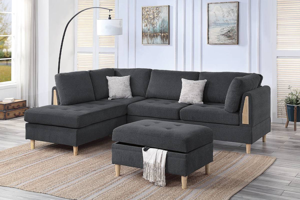 3-Piece Sectional with Reversible Chaise & Ottoman - Charcoal