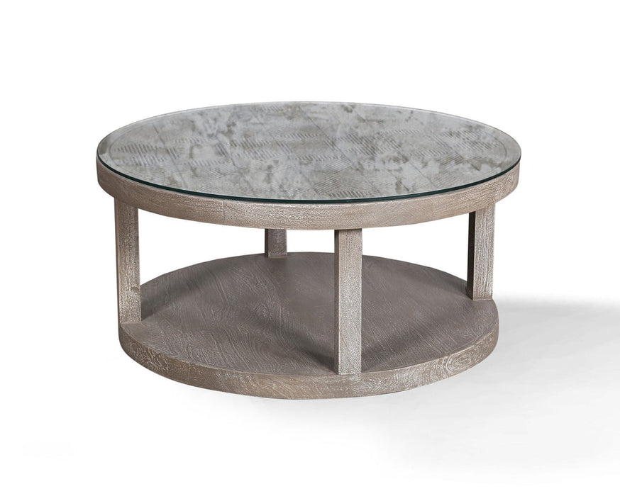 Modern Furniture - Crossings Round Cocktail Table with Glass Top in Sandblasted Fossil Grey - SER#11