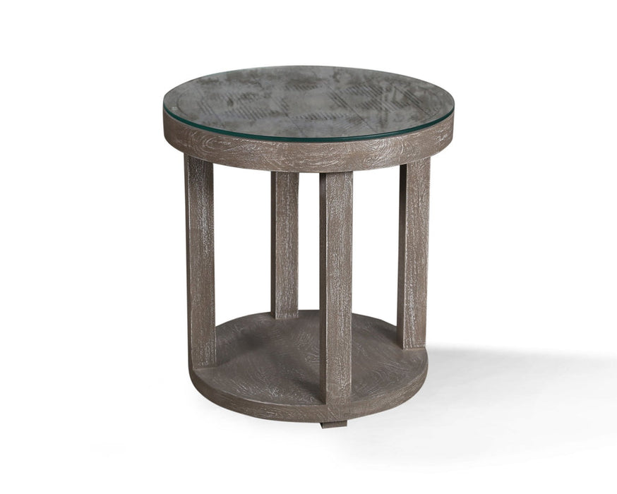 Modern Furniture - Crossings Round End Table with Glass Top in Sandblasted Fossil Grey - SER#12