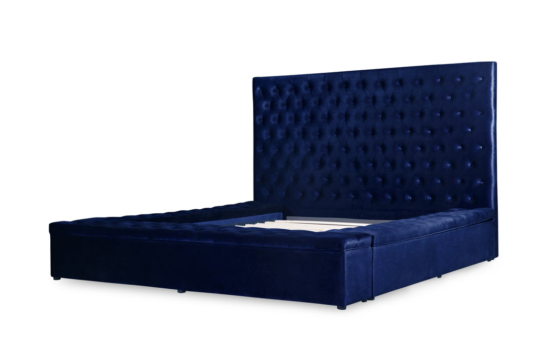 Prague Blue Velvet King Upholstered Storage Platform Bed