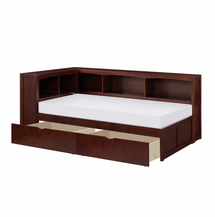 Rowe Dark Cherry Twin Bookcase Corner Bed with Storage Boxes