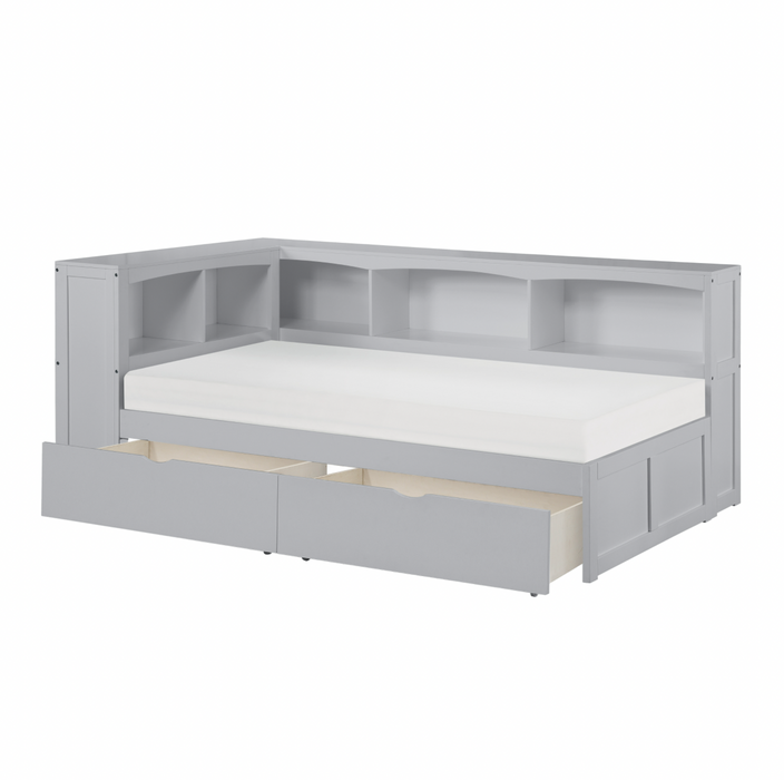 Orion Gray Twin Bookcase Corner Bed with Storage Boxes