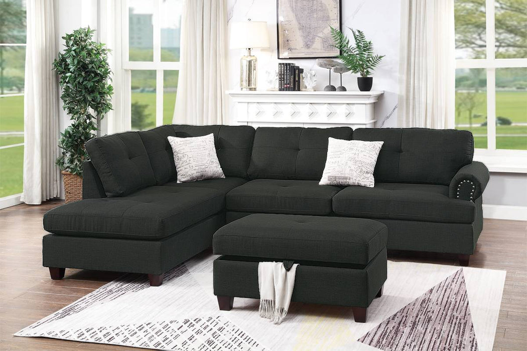 3-Piece Reversible Sectional Set W/ Storage Ottoman - Ash Black