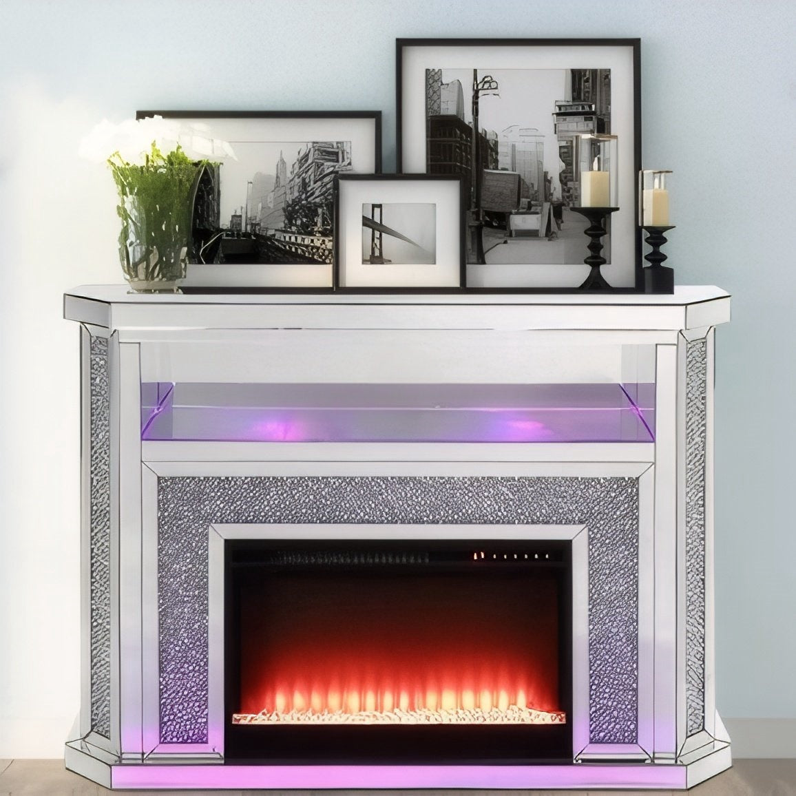 VANITII Crushed Diamonds LED Mirrored Fireplace