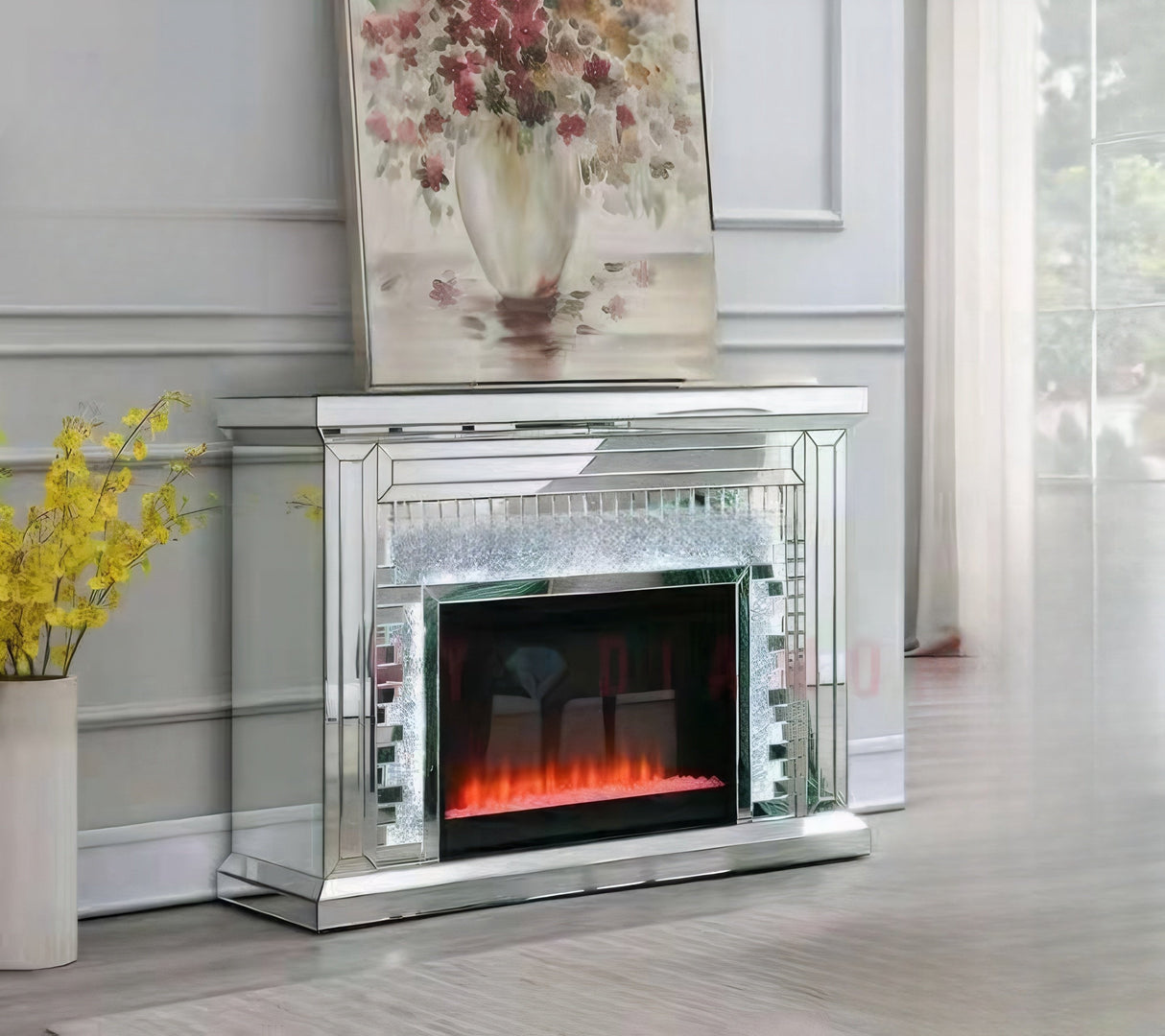 VANITII Crushed Diamonds LED Mirrored Fireplace