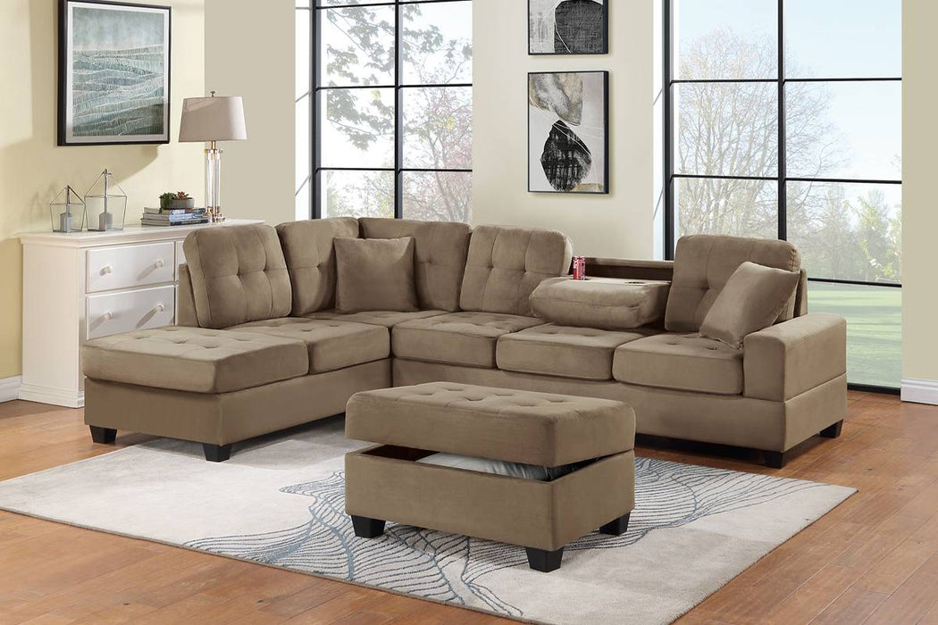 3pc Reversible Sectional W/ Storage Ottoman - Saddle