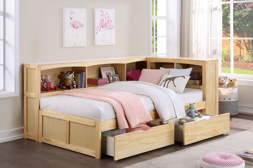 Bartly Pine Twin Bookcase Corner Bed with Storage Boxes