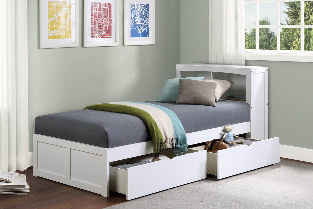 Galen White Twin Bookcase Bed with Storage Boxes