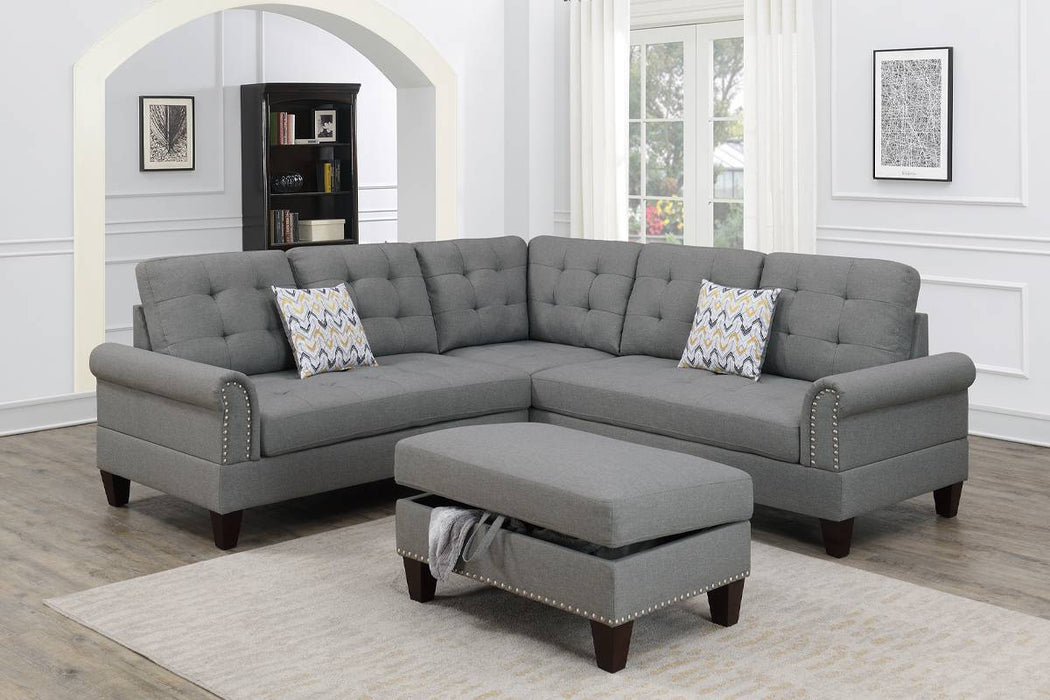 3pc Loveseat W/ Wedge Sectional Set & Storage Ottoman - Grey