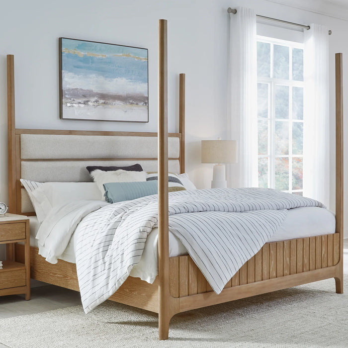 Modern Furniture - Escape King Poster Bed in Glazed Natural Oak & Neutral Fabric - BESC#1166-3