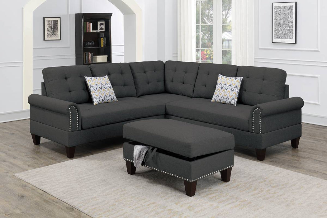 3-Piece Loveseat W/ Wedge Sectional Set & Storage Ottoman - Charcoal