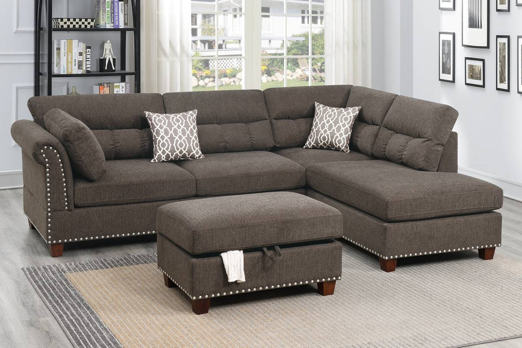 3-Piece Reversible Sectional Set W/ Storage Ottoman - Tan