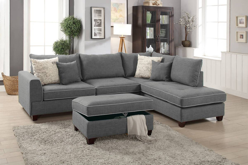 3pc Reversible Sectional W/ Storage Ottoman - Steel